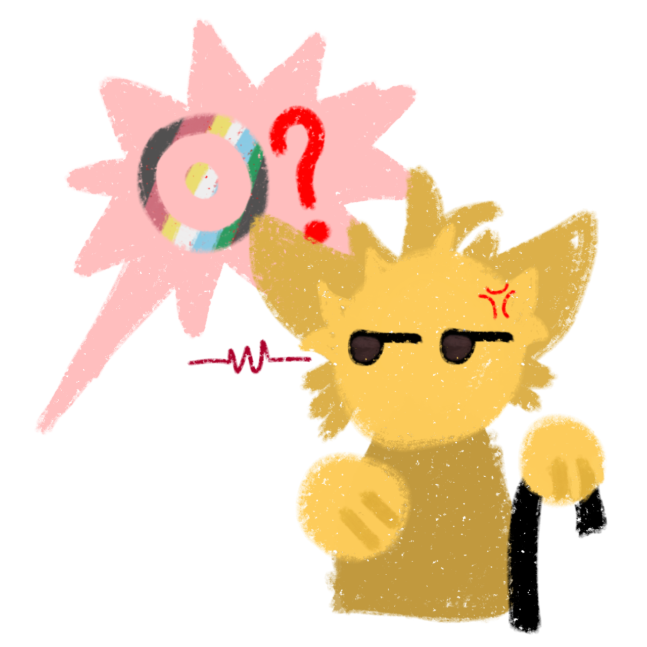 A simple yellow animal-like creature holding a cane looking to the left looking annoyed. on the left there is a large, pink spiky speech bubble with a question mark and a disability flag coloured circle inside. next to the creature's face there is a red squiggle.